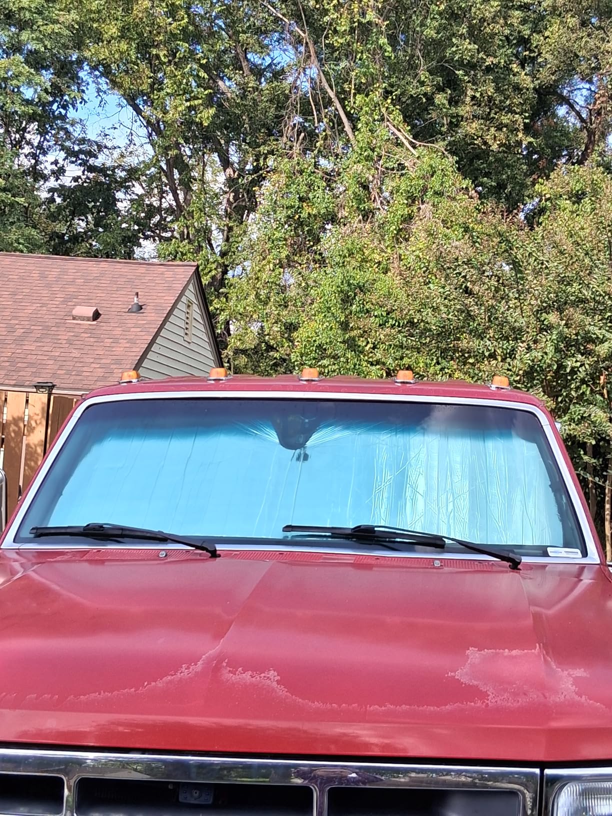 Hood of a red pickup after rain, with water pulled into tight patches on the treated paint instead of spreading flat