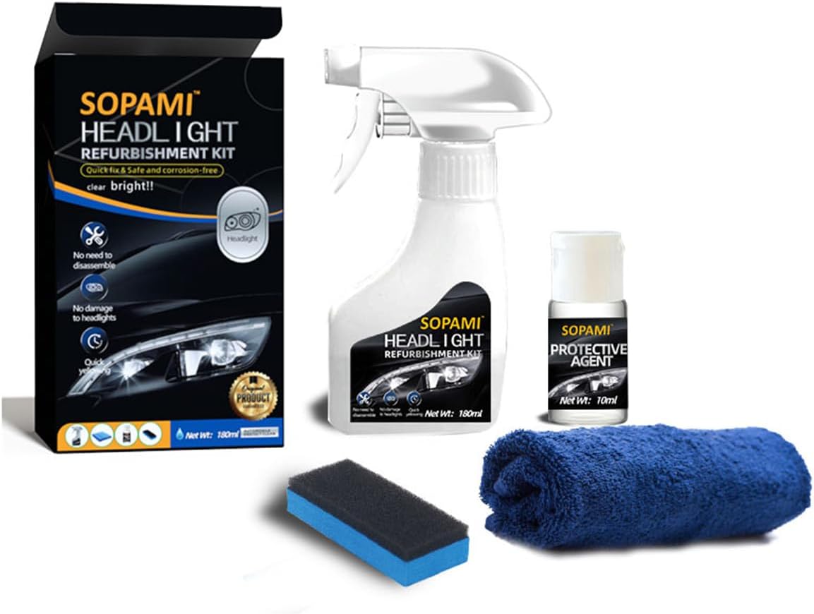 Sopami Headlight Refurbishment Kit box with a 180 ml restoration spray, a 10 ml protective agent bottle, a foam sponge and a blue microfiber cloth
