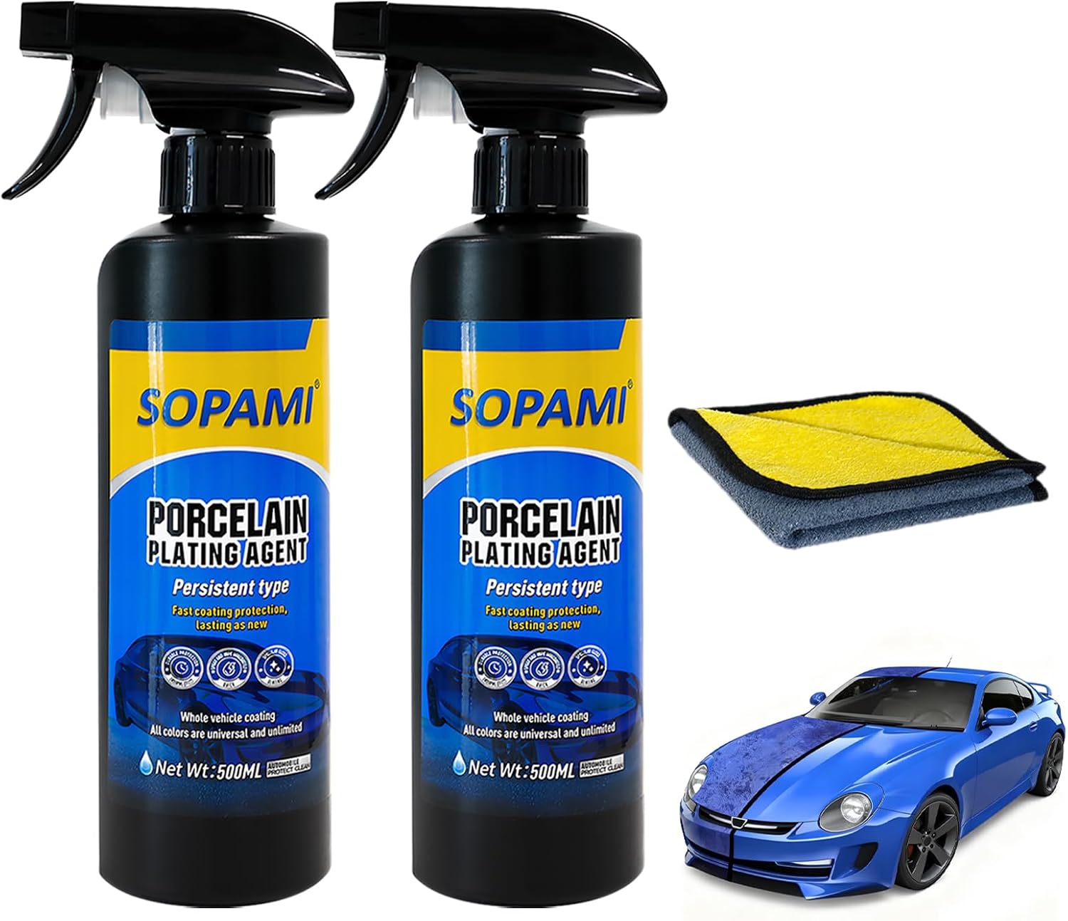 Two black Sopami Porcelain Plating Agent spray bottles, 500 ml each, next to a yellow and gray microfiber towel