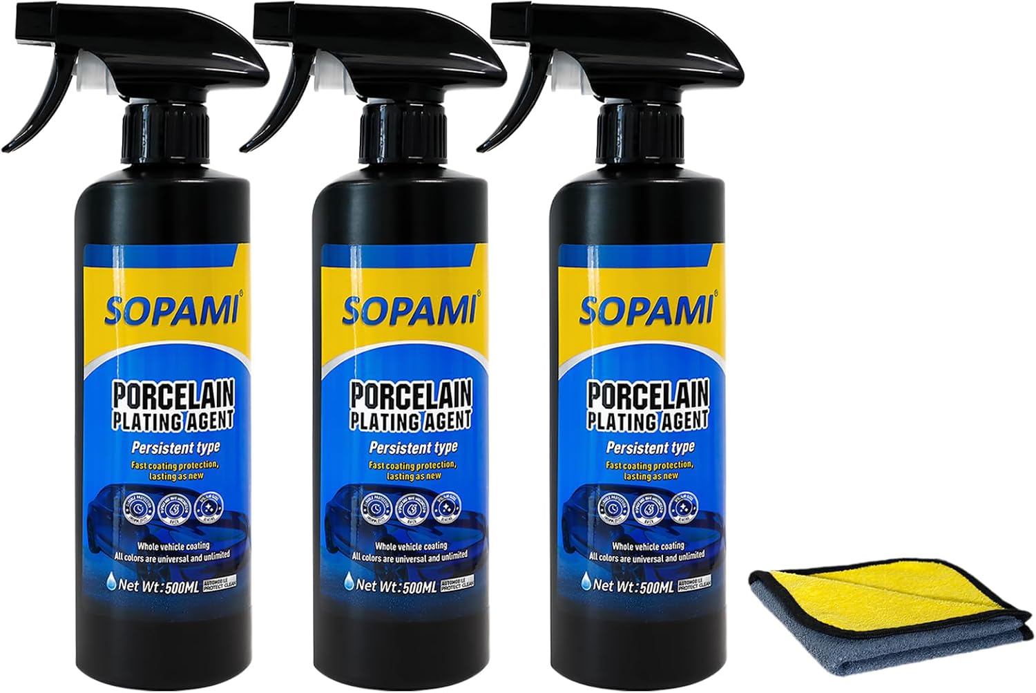 Three 500 ml Sopami Porcelain Plating Agent bottles lined up beside a yellow and gray microfiber towel