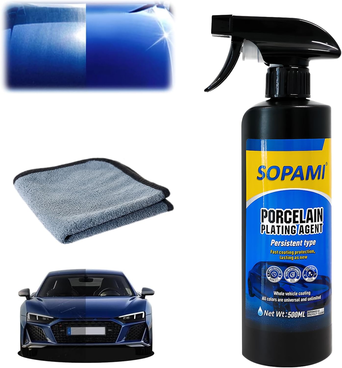 One 500 ml Sopami Porcelain Plating Agent bottle with a gray microfiber towel and a blue coupe showing the coated half of its paint