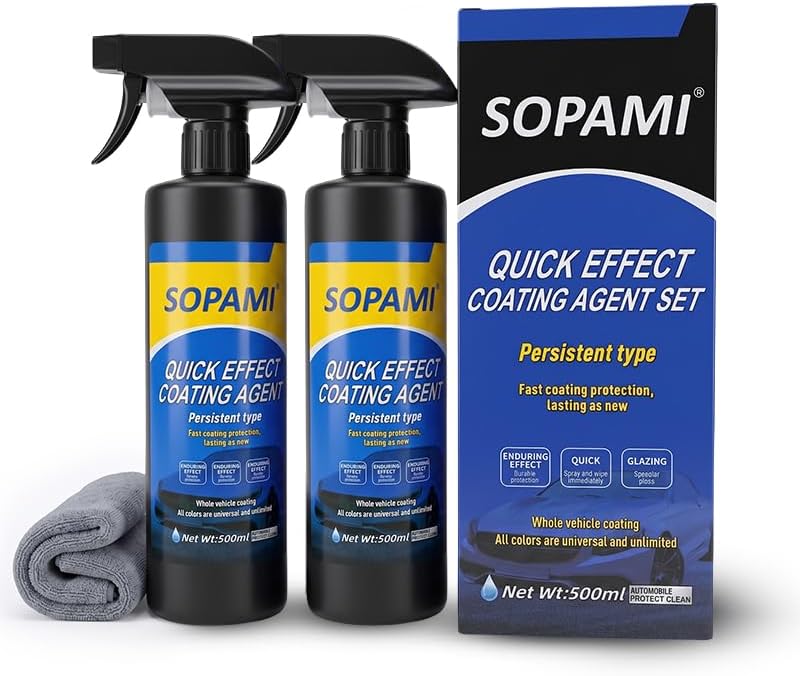 Two Sopami Quick Effect Coating Agent bottles with the blue retail box and a rolled gray microfiber towel