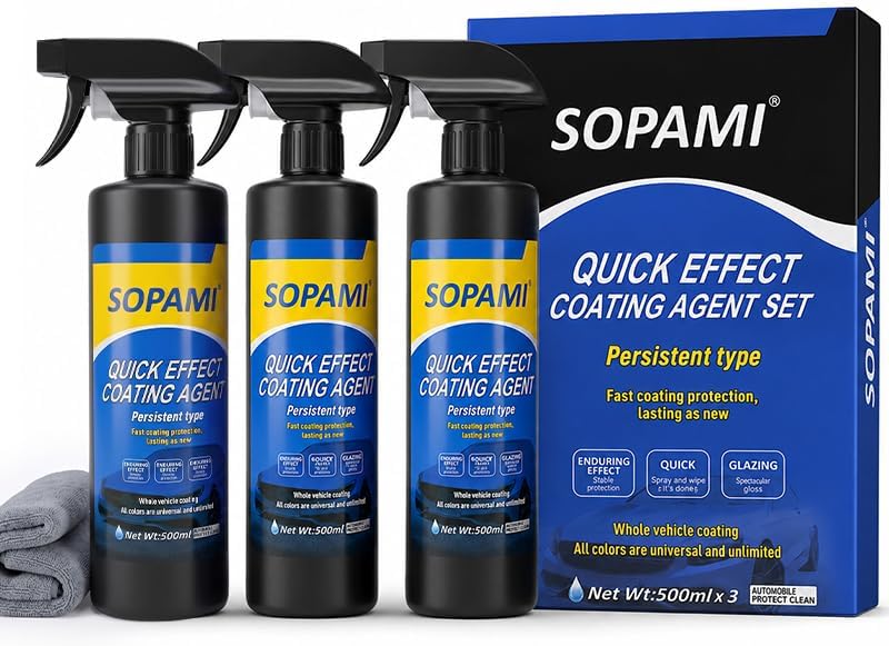 Three Sopami Quick Effect Coating Agent bottles, 500 ml each, standing in front of the blue three-bottle box