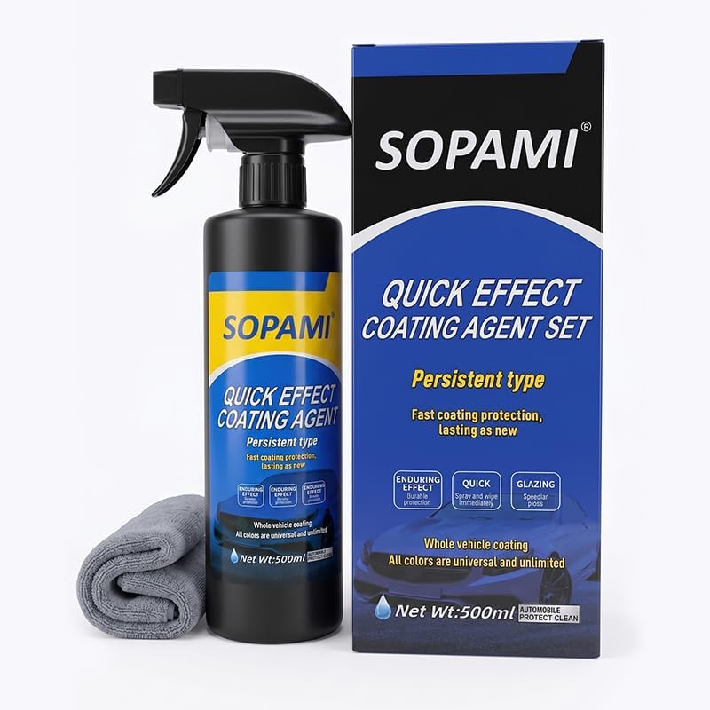 Black Sopami Quick Effect Coating Agent bottle beside its blue retail box and a folded gray microfiber towel